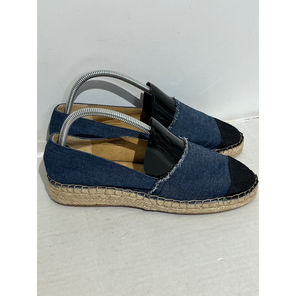Soft Surroundings Denim Espadrille Flats Blue Cap Toe Jute Platform Slip On
